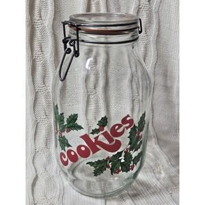 VTG Christmas COOKIE JAR 3L Swing Top Hinged Lid Glass Clear Holly Pattern EUC